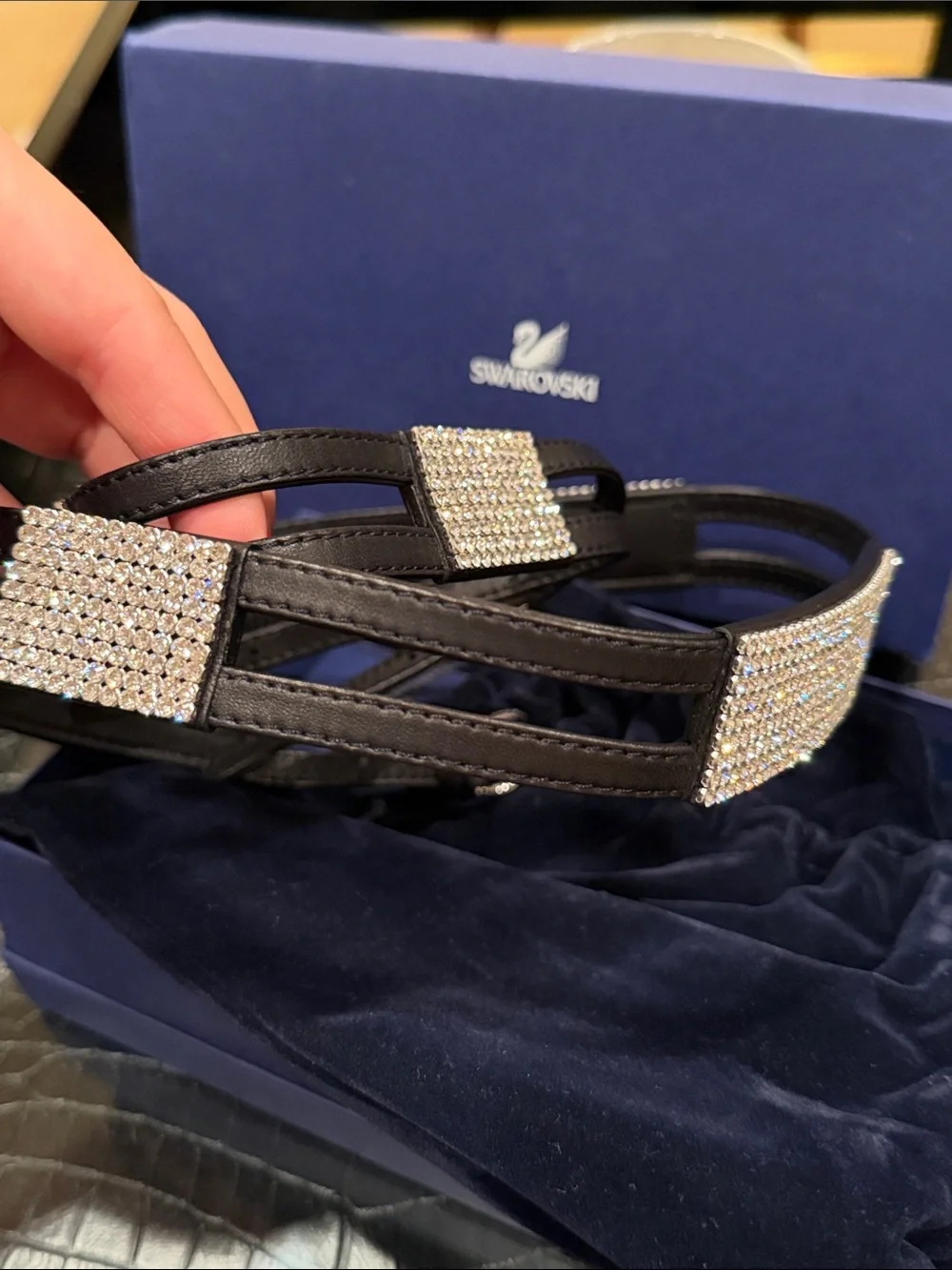 Swarovski Black Leather Belt with Crystal Pavé Buckle